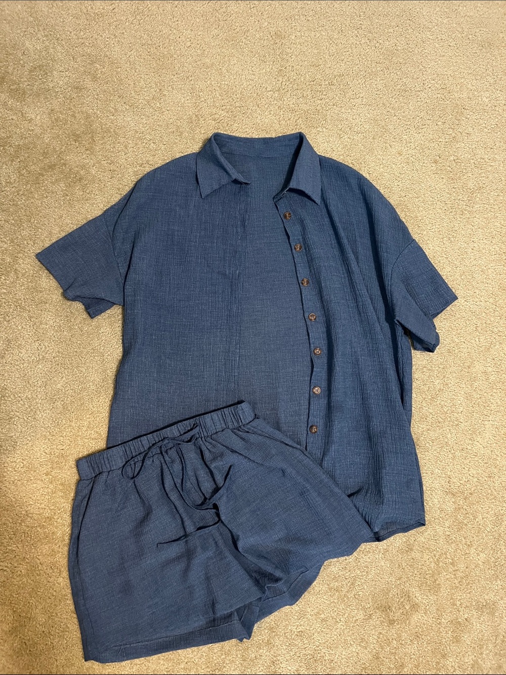 SHEIN Navy Blue Men's Short-Sleeve Button Shirt & Drawstring Shorts Set